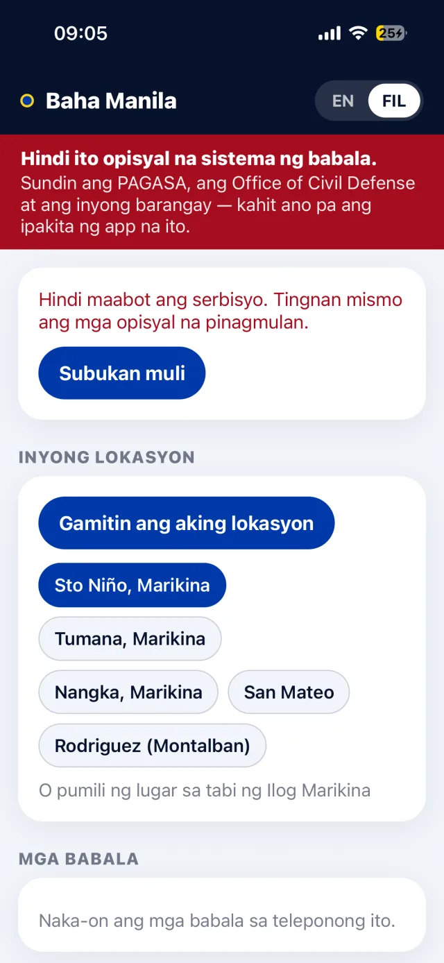 Baha Manila app in Filipino: pick your place along the Marikina River, under the notice that this is not an official warning system