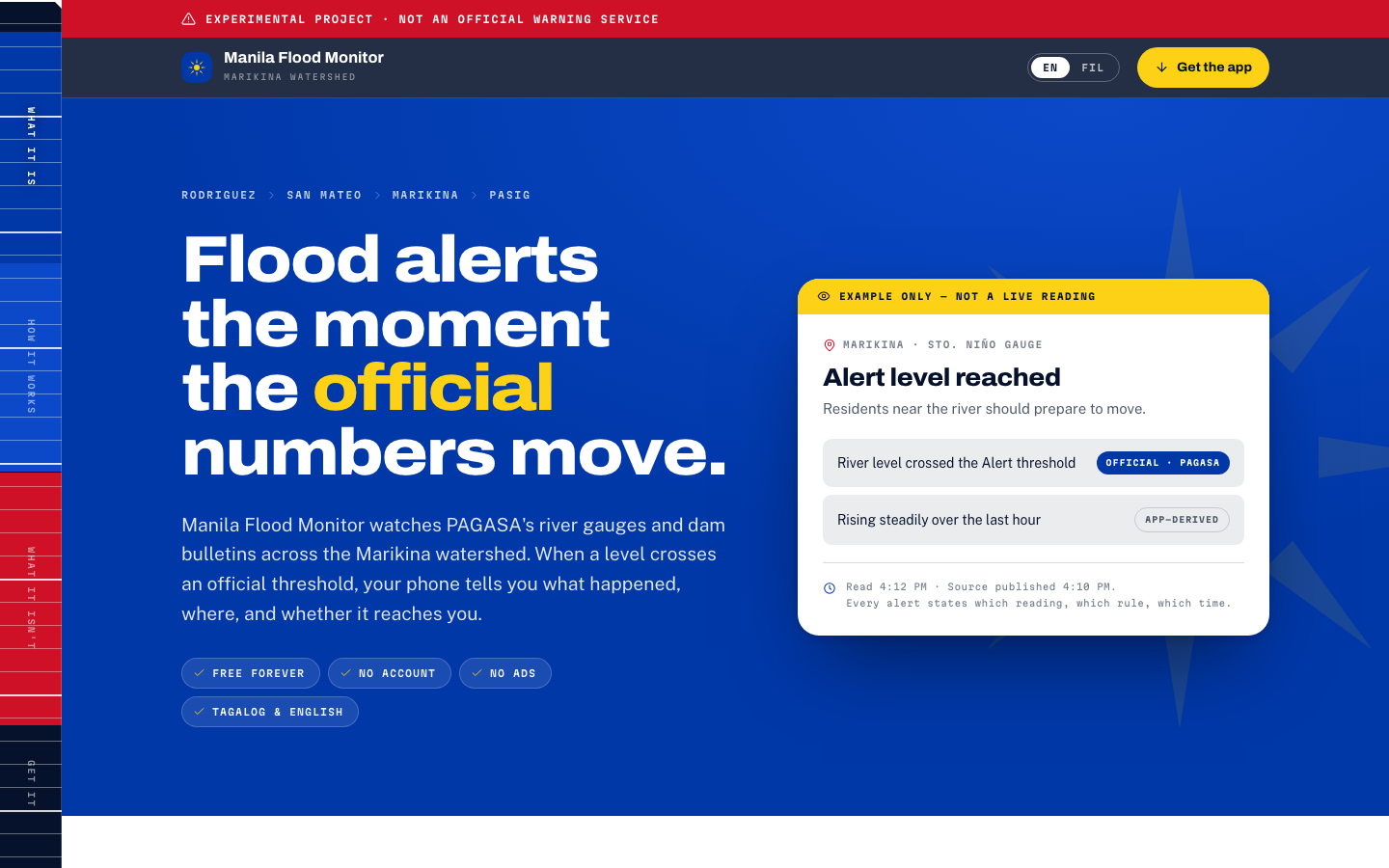 The Manila Flood Monitor public website, showing an example alert